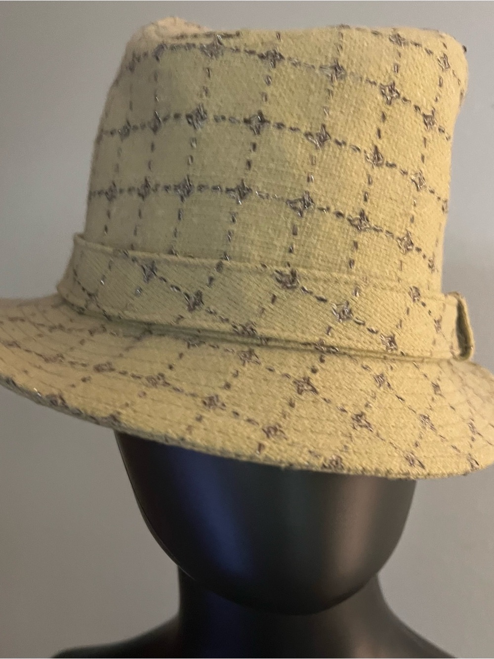 Vintage Textured Pale Green & Silver Wool 70s Fedora Classic Pattern